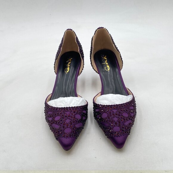 XYD Dark Purple Pointed Toe D'Orsay Kitten Heel Rhinestone Studs Slip-On Shoes - Picture 3 of 8